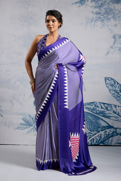 Purple Modal Satin Ajrakh Print Sarees With Blouse