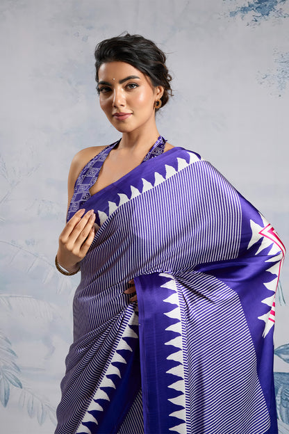 Purple Modal Satin Ajrakh Print Sarees With Blouse