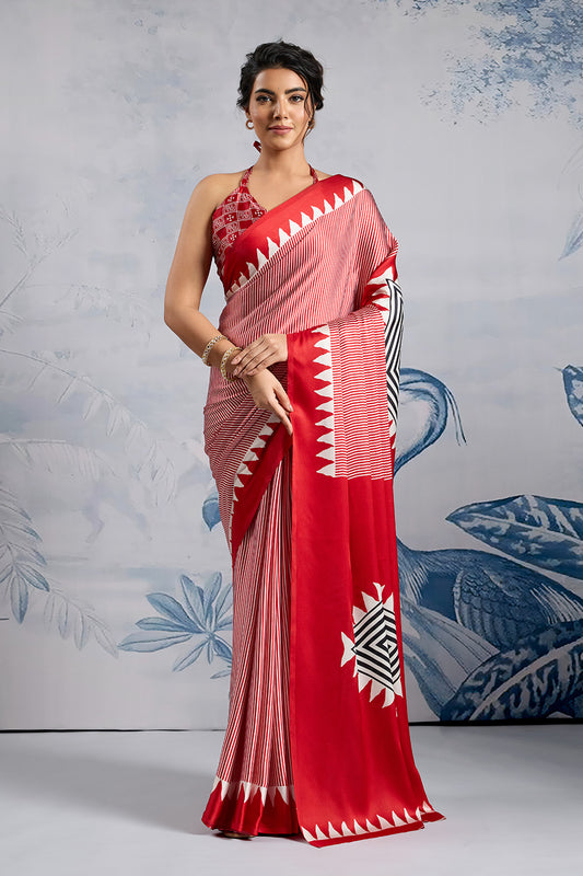 Red Modal Satin Ajrakh Print Sarees With Blouse