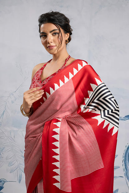 Red Modal Satin Ajrakh Print Sarees With Blouse