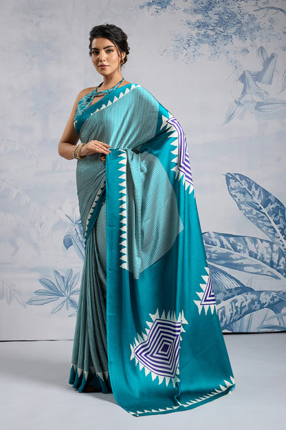 Teal Green Modal Satin Ajrakh Print Sarees With Blouse