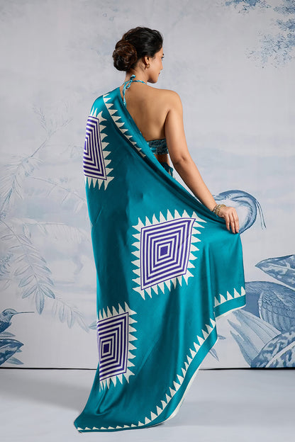 Teal Green Modal Satin Ajrakh Print Sarees With Blouse