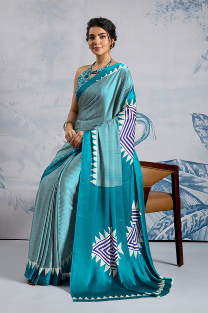 Teal Green Modal Satin Ajrakh Print Sarees With Blouse