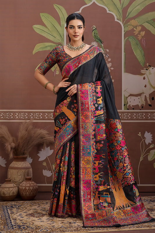 Black Pashmani Design Saree With Blouse