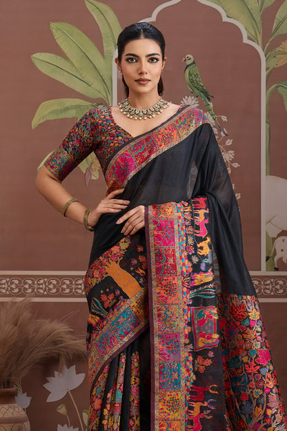 Black Pashmani Design Saree With Blouse