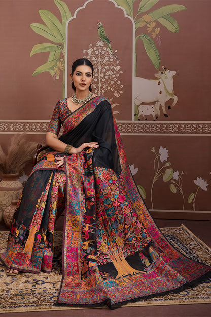 Black Pashmani Design Saree With Blouse