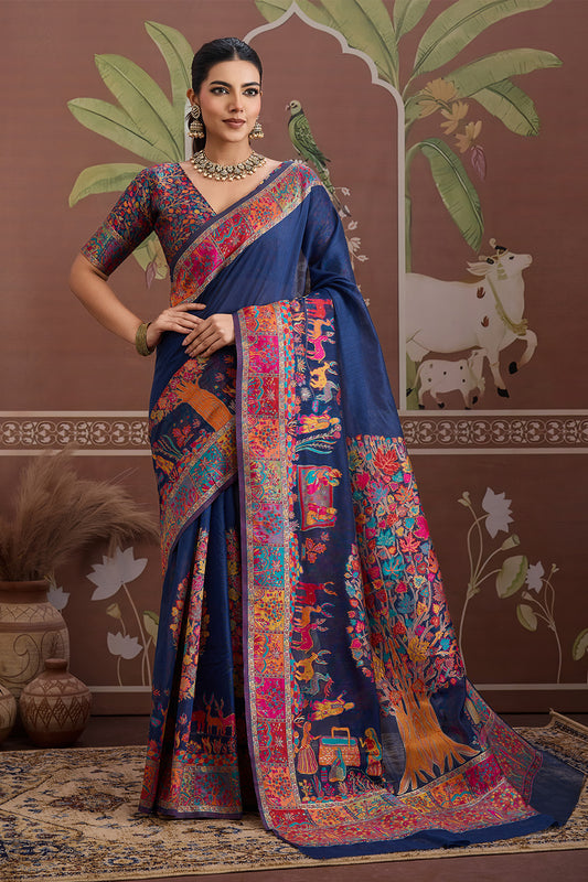 Navy Blue Pashmani Design Saree With Blouse