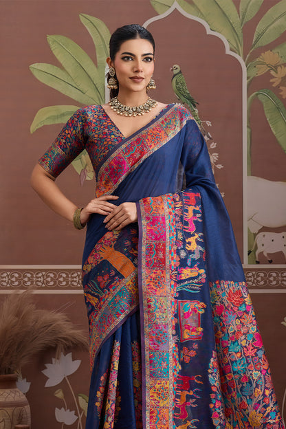 Navy Blue Pashmani Design Saree With Blouse