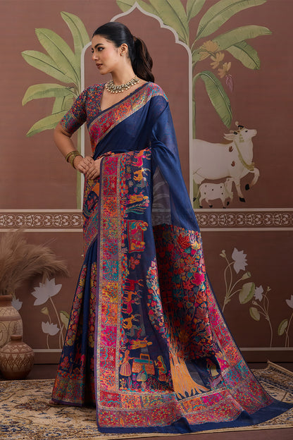 Navy Blue Pashmani Design Saree With Blouse