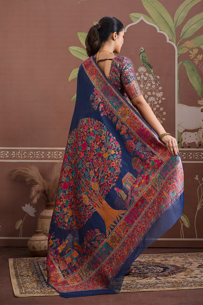 Navy Blue Pashmani Design Saree With Blouse