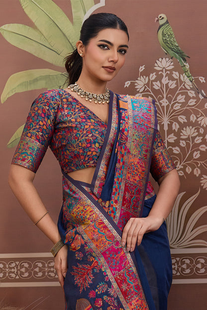 Navy Blue Pashmani Design Saree With Blouse