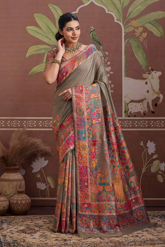 Brown Pashmani Design Saree With Blouse