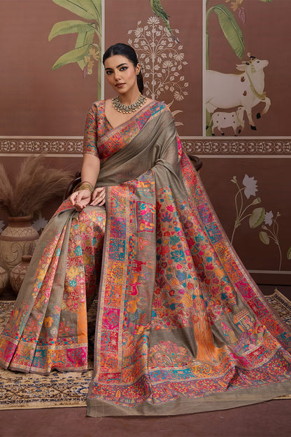 Brown Pashmani Design Saree With Blouse