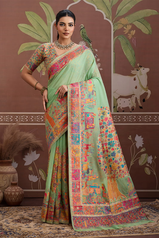 Light Green Pashmani Design Saree With Blouse