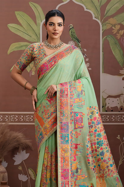 Light Green Pashmani Design Saree With Blouse