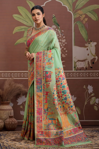 Light Green Pashmani Design Saree With Blouse