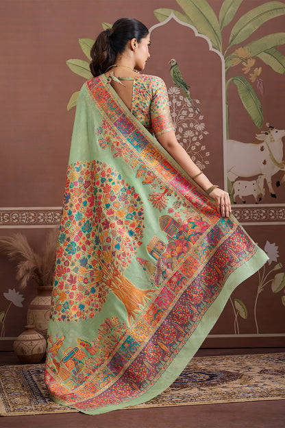 Light Green Pashmani Design Saree With Blouse