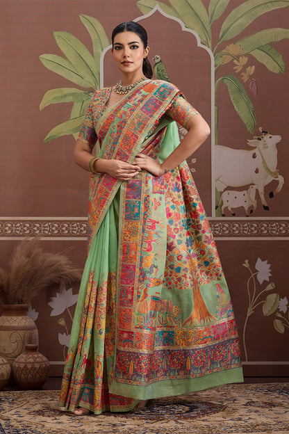 Light Green Pashmani Design Saree With Blouse