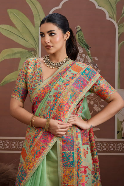Light Green Pashmani Design Saree With Blouse