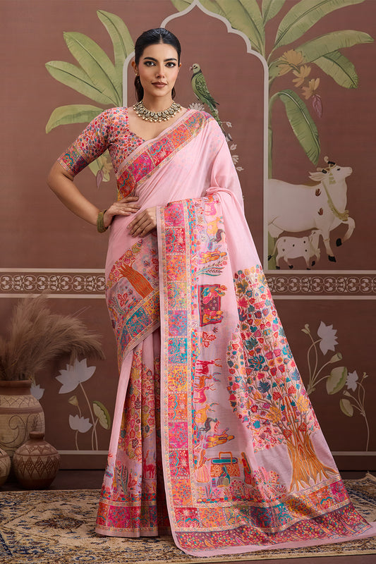Light Pink Pashmani Design Saree With Blouse