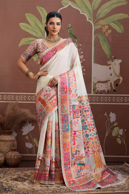 Ivory Pashmani Design Saree With Blouse