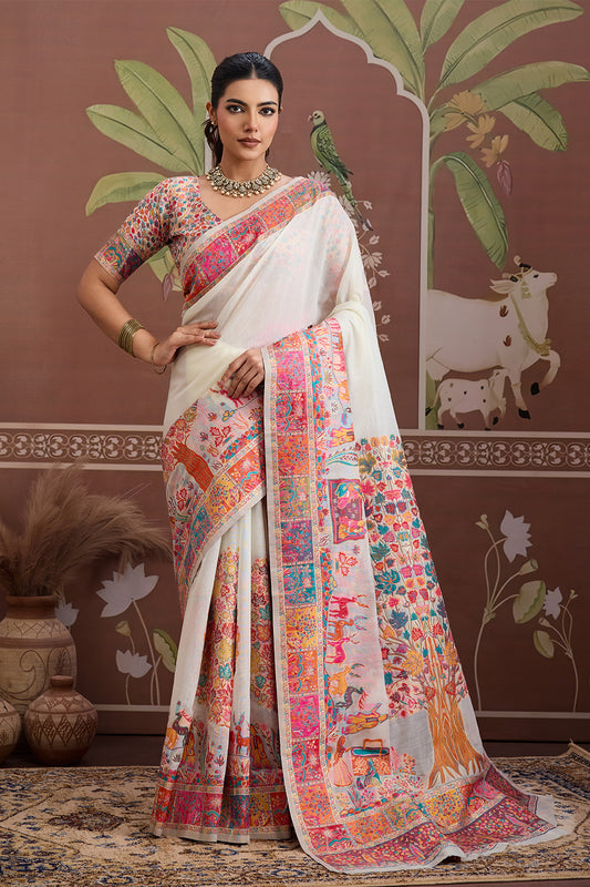 Ivory Pashmani Design Saree With Blouse
