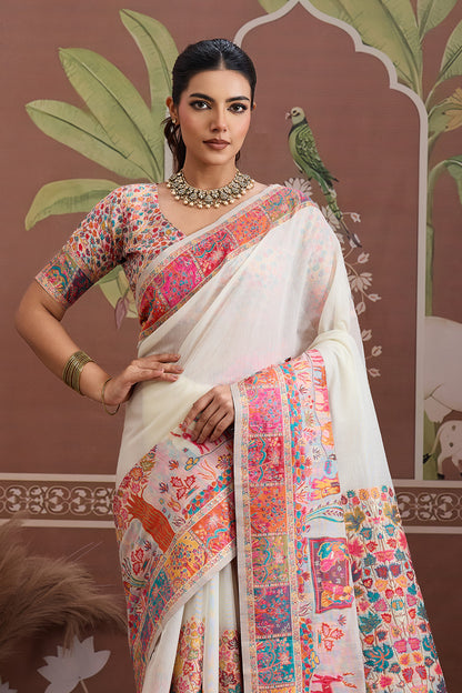 Ivory Pashmani Design Saree With Blouse