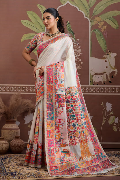 Ivory Pashmani Design Saree With Blouse