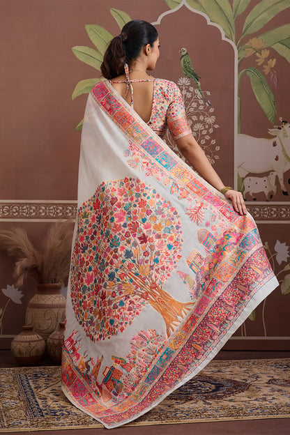 Ivory Pashmani Design Saree With Blouse