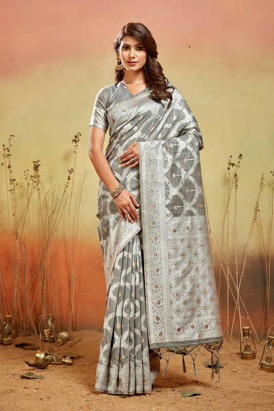 Grey Banarasi organza saree with silver zari detail
