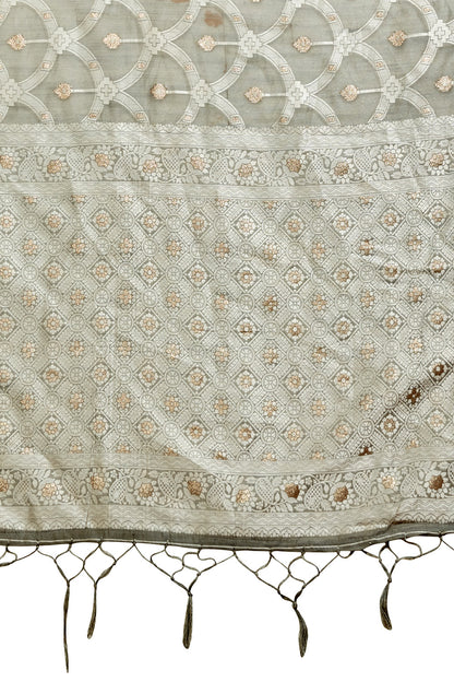 Grey Banarasi organza saree with silver zari detail
