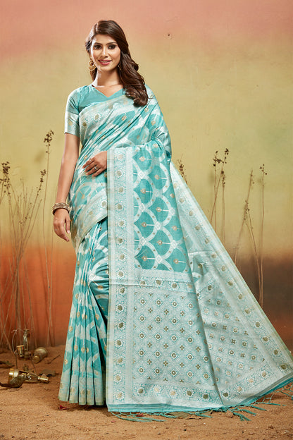 Sea green organza saree with silver zari detail