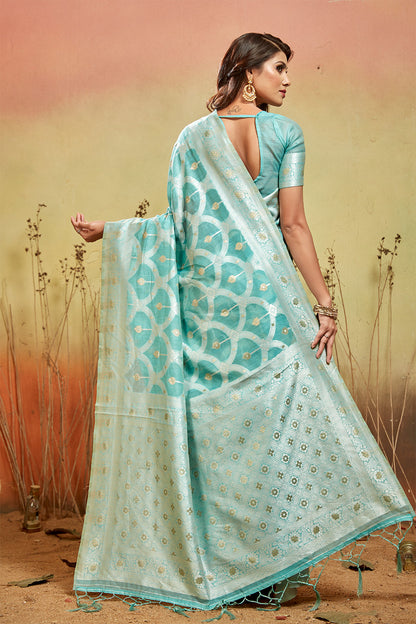 Sea green organza saree with silver zari detail