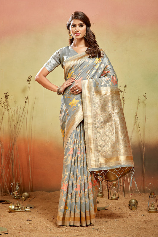 Grey Banarasi organza saree with golden zari detail