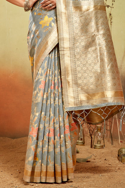 Grey Banarasi organza saree with golden zari detail