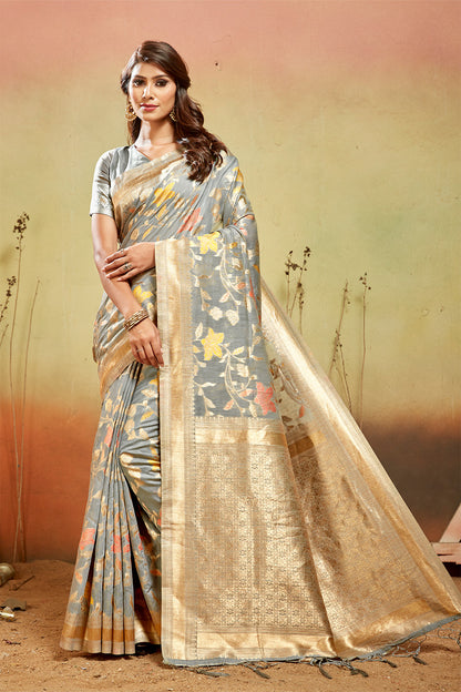 Grey Banarasi organza saree with golden zari detail
