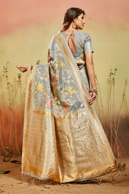 Grey Banarasi organza saree with golden zari detail