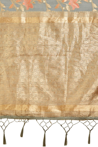 Grey Banarasi organza saree with golden zari detail